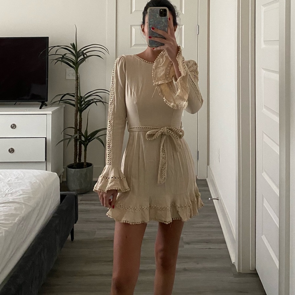 Linen Long Sleeve Mini Dress with Ruffle Sleeve and Crochet Detail